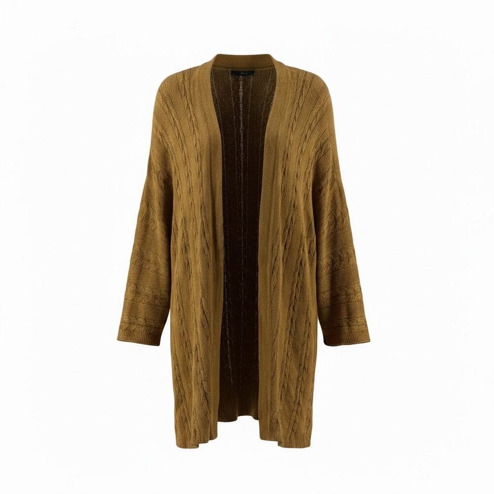 J Jill Cardigan Sweater Duster Sz XL Mustard Brown Cable Knit Open Front Dolman